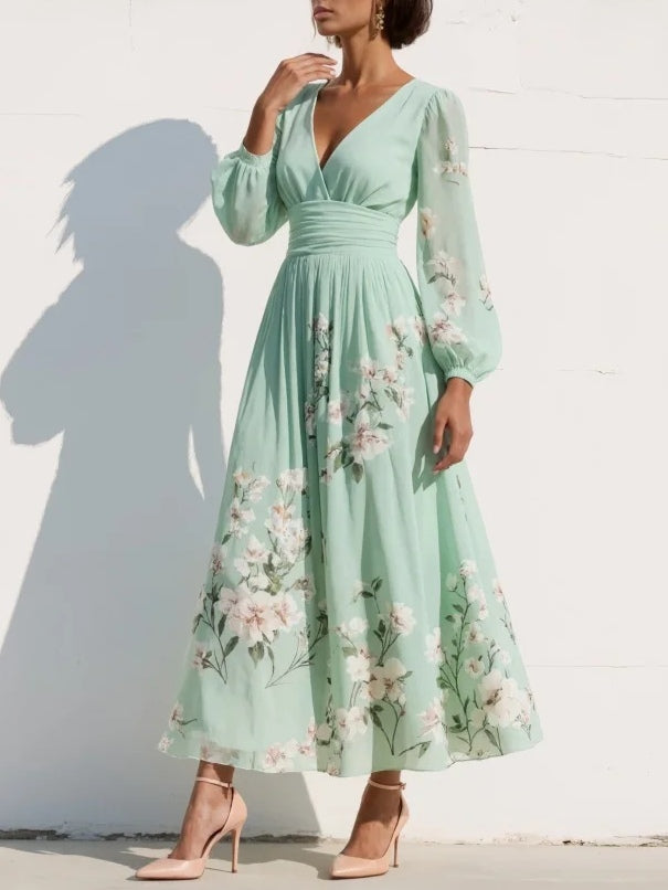 Maxi Vestido de Chiffon Plisado Verde Menta con Estampado Floral para Mujer