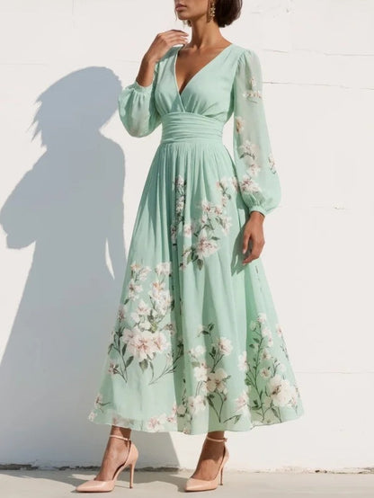 Maxi Vestido de Chiffon Plisado Verde Menta con Estampado Floral para Mujer