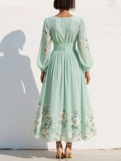 Maxi Vestido de Chiffon Plisado Verde Menta con Estampado Floral para Mujer