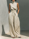Aurora | Conjunto Coordinado Beige Relajado Sin Mangas con Pantalón Ancho