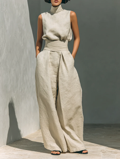 Aurora | Conjunto Coordinado Beige Relajado Sin Mangas con Pantalón Ancho