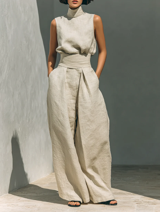Aurora | Conjunto Coordinado Beige Relajado Sin Mangas con Pantalón Ancho