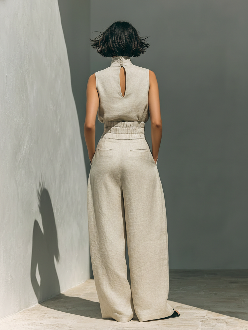Aurora | Conjunto Coordinado Beige Relajado Sin Mangas con Pantalón Ancho