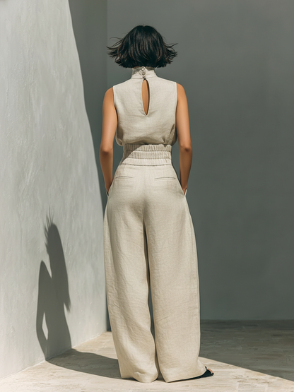 Aurora | Conjunto Coordinado Beige Relajado Sin Mangas con Pantalón Ancho