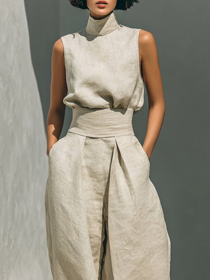 Aurora | Conjunto Coordinado Beige Relajado Sin Mangas con Pantalón Ancho