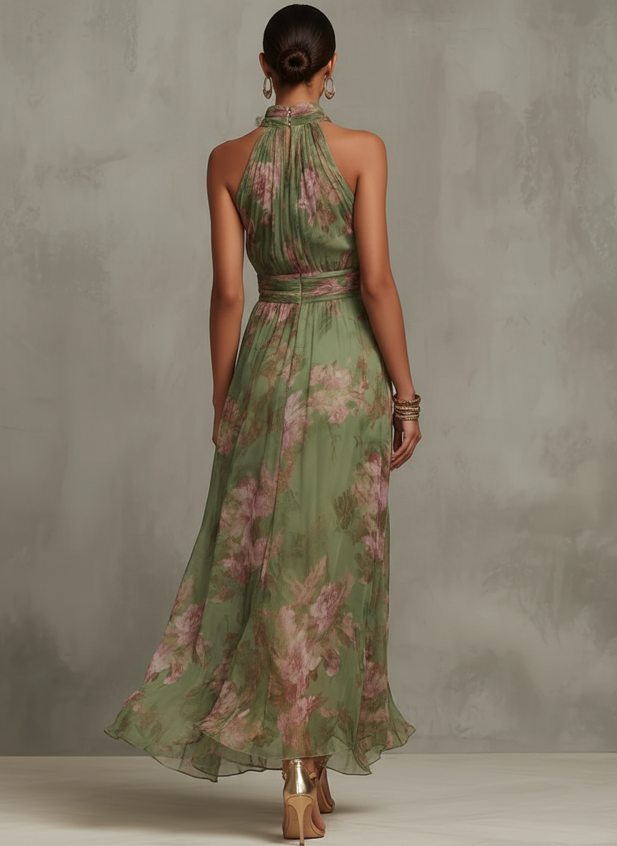 Serena — Maxi Vestido de Chiffon Floral Elegante con Cuello Halter