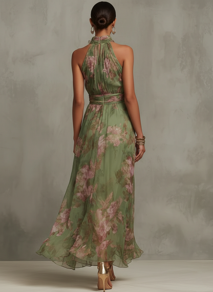 Serena — Maxi Vestido de Chiffon Floral Elegante con Cuello Halter