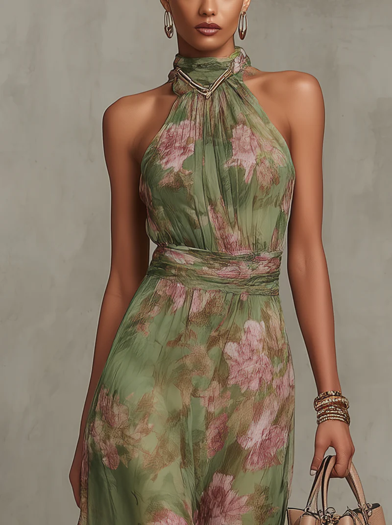 Serena — Maxi Vestido de Chiffon Floral Elegante con Cuello Halter
