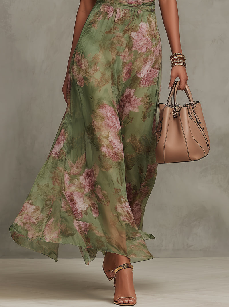 Serena — Maxi Vestido de Chiffon Floral Elegante con Cuello Halter