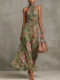 Serena — Maxi Vestido de Chiffon Floral Elegante con Cuello Halter