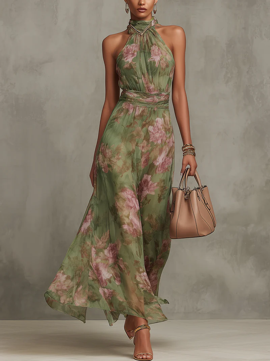 Serena — Maxi Vestido de Chiffon Floral Elegante con Cuello Halter