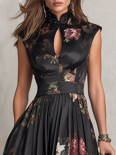 Violetta - Vestido Midi de Satén Plisado Negro con Estampado Floral y Escote de Ojo de Cerradura