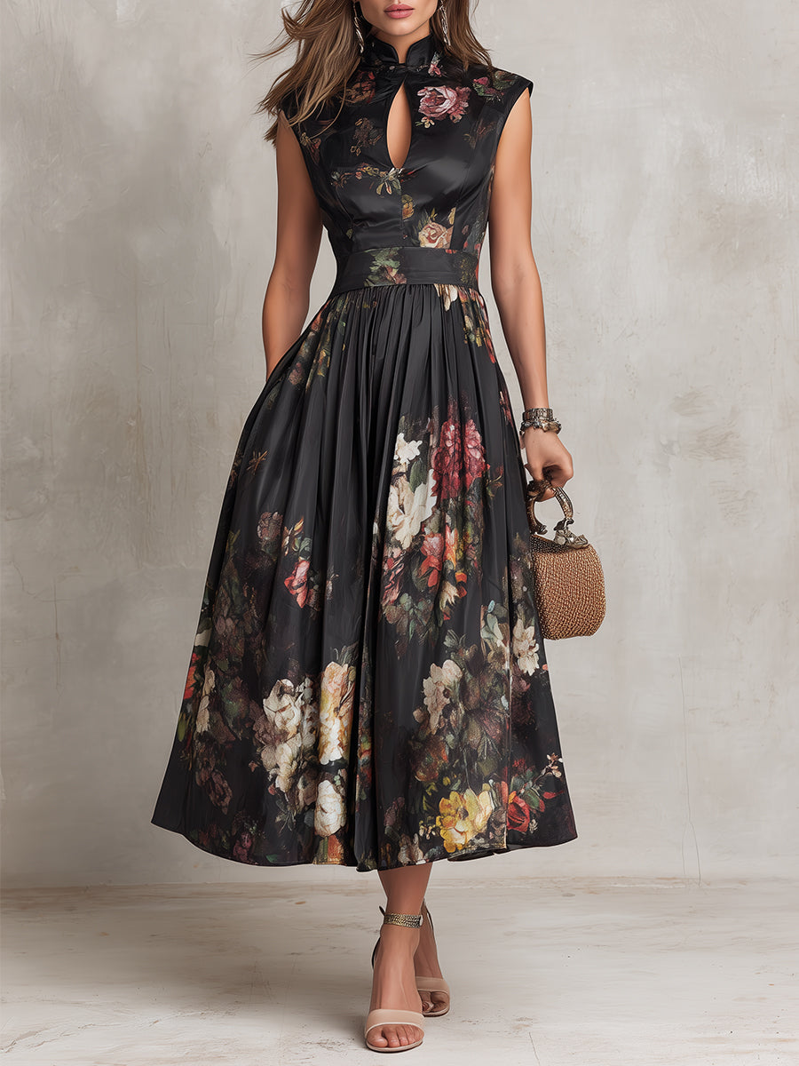 Violetta - Vestido Midi de Satén Plisado Negro con Estampado Floral y Escote de Ojo de Cerradura