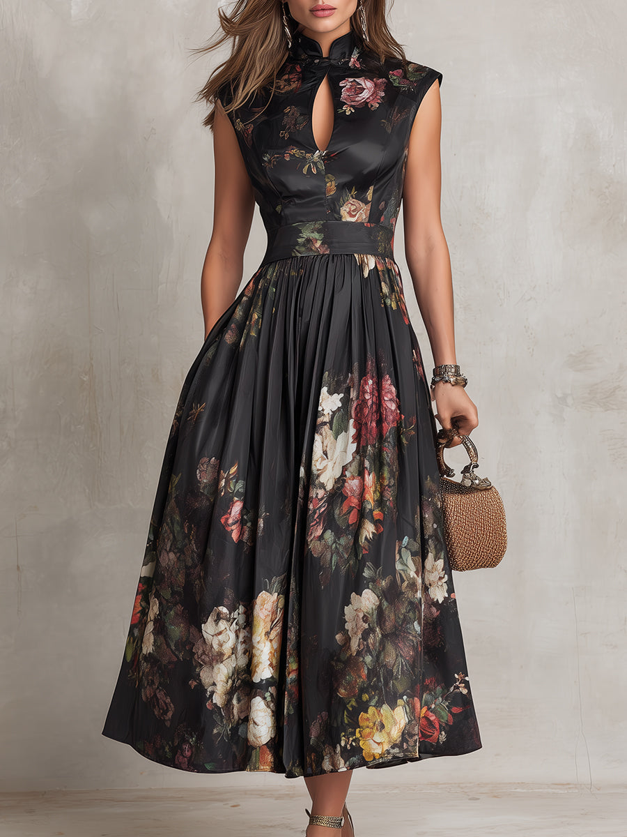 Violetta - Vestido Midi de Satén Plisado Negro con Estampado Floral y Escote de Ojo de Cerradura
