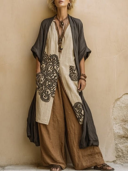 Giulia - Conjunto Boho Nómada de Tres Piezas en Gris Oscuro y Café con Estampado Tribal