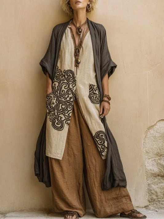 Giulia - Conjunto Boho Nómada de Tres Piezas en Gris Oscuro y Café con Estampado Tribal