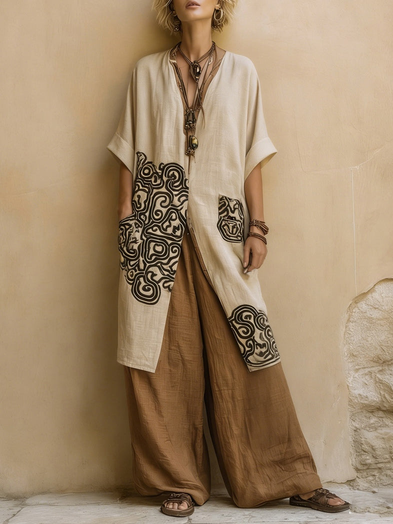 Giulia - Conjunto Boho Nómada de Tres Piezas en Gris Oscuro y Café con Estampado Tribal