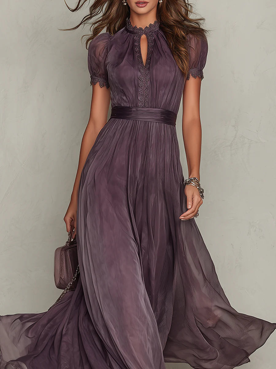 Flavia | Maxi Vestido de Chiffon Morado Elegante con Escote de Ojo de Cerradura