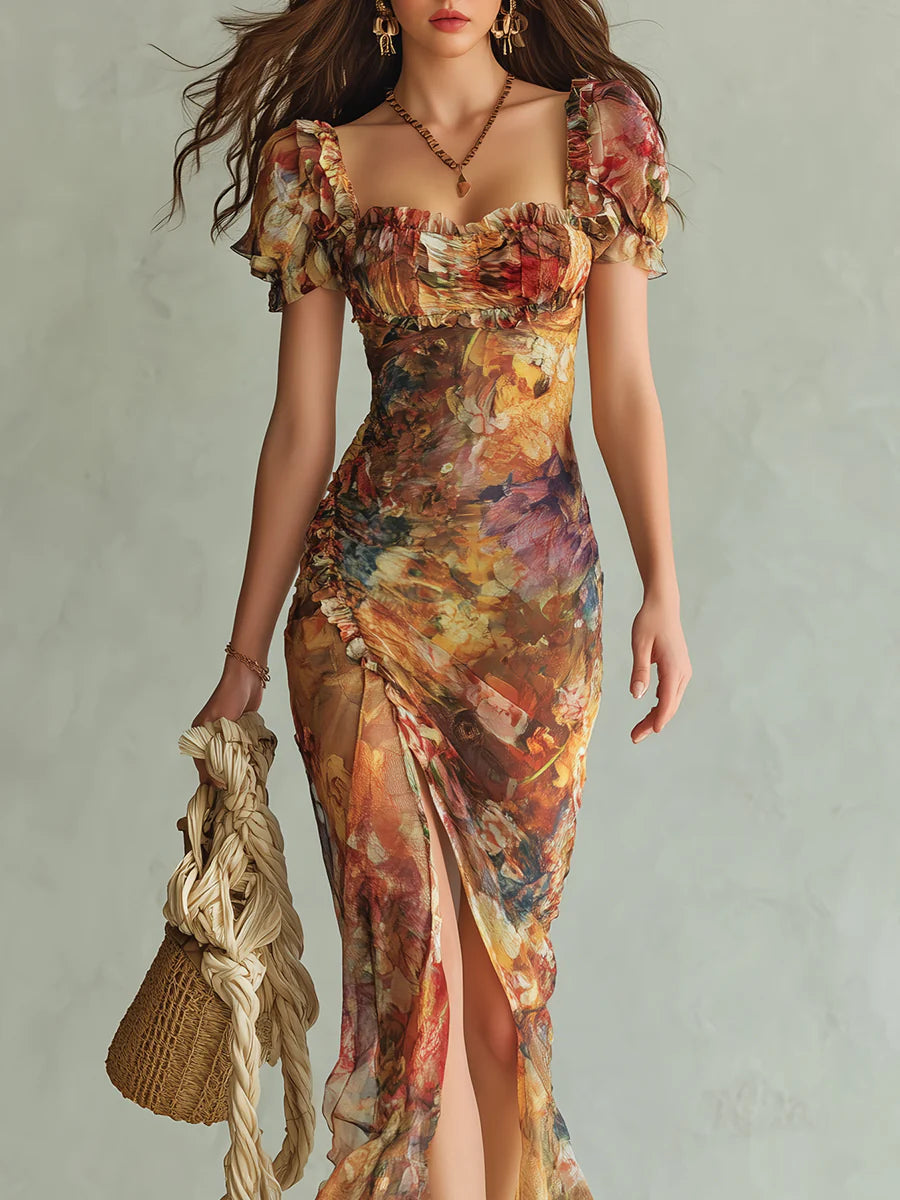 Viola | Vestido Largo de Chiffon Naranja con Estampado Boho de Pintura al Óleo