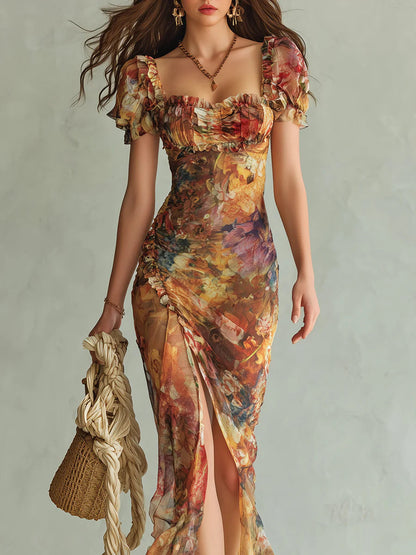 Maxi Vestido de Chiffon Naranja con Estampado Boho de Pintura al Óleo