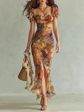 Viola | Vestido Largo de Chiffon Naranja con Estampado Boho de Pintura al Óleo