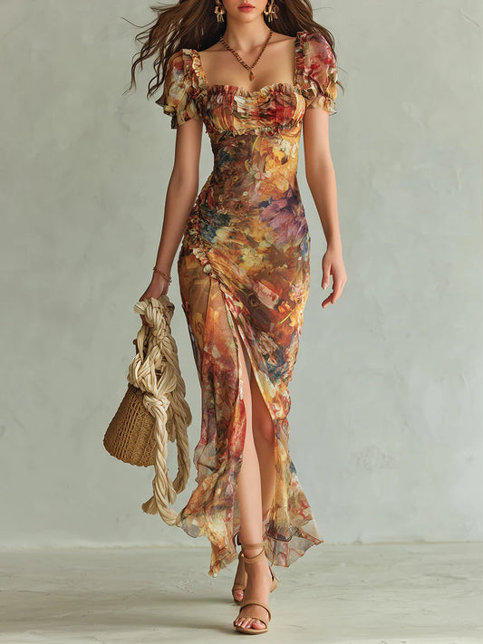 Viola | Vestido Largo de Chiffon Naranja con Estampado Boho de Pintura al Óleo