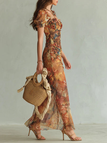 Viola | Vestido Largo de Chiffon Naranja con Estampado Boho de Pintura al Óleo