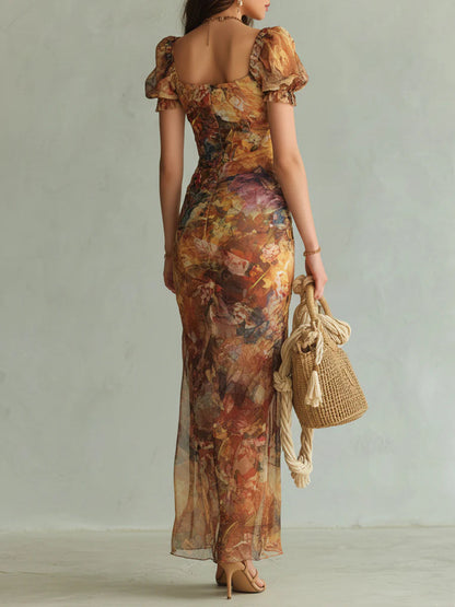 Viola | Vestido Largo de Chiffon Naranja con Estampado Boho de Pintura al Óleo