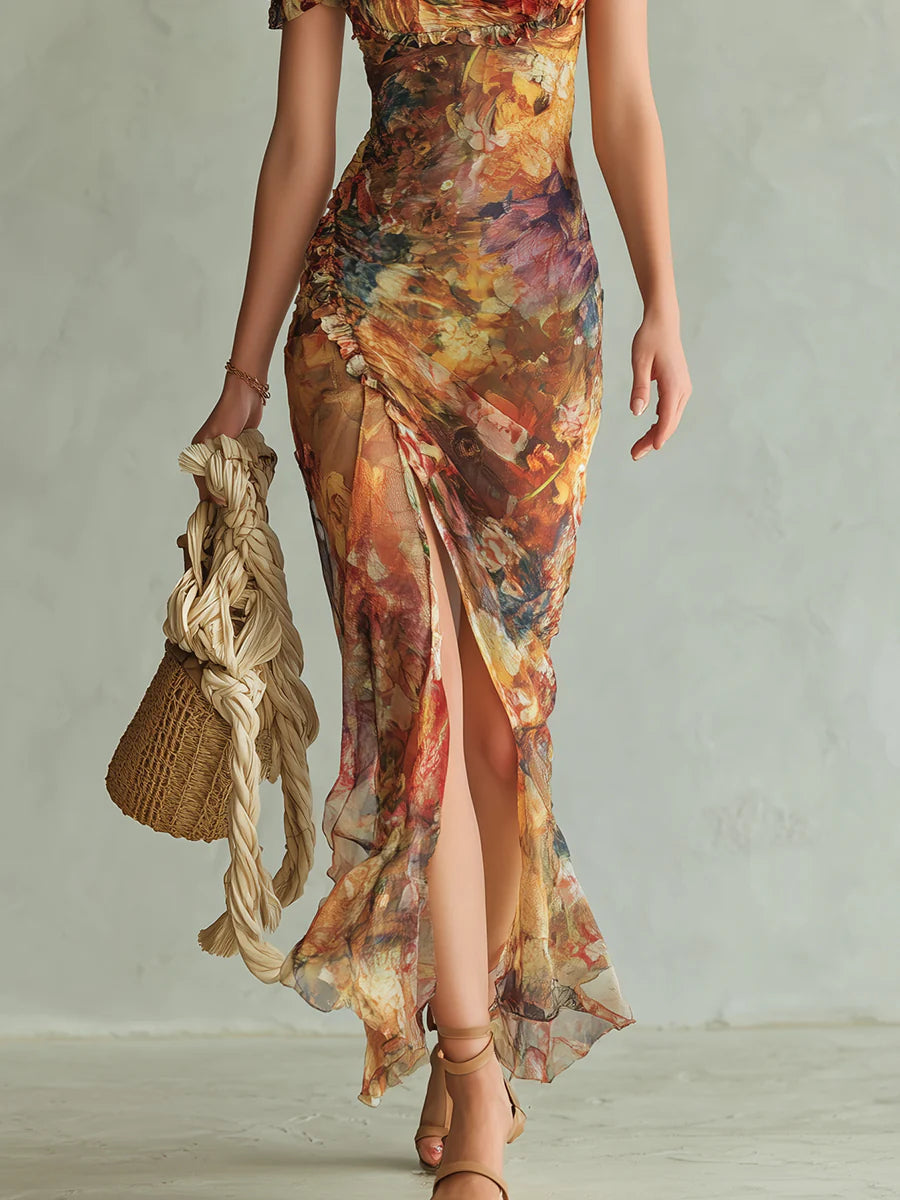 Maxi Vestido de Chiffon Naranja con Estampado Boho de Pintura al Óleo