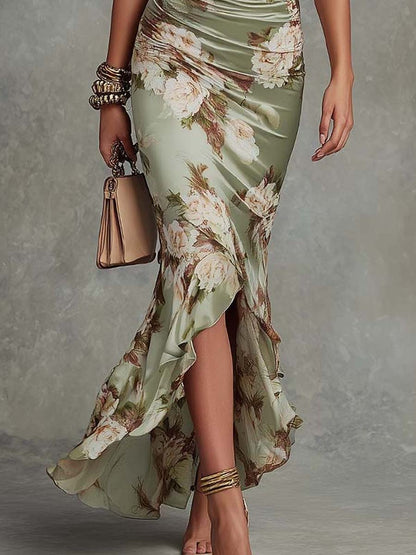 Anna - Vestido Largo Asimétrico de Satén Verde con Escote en V, Mangas Globo y Estampado Floral