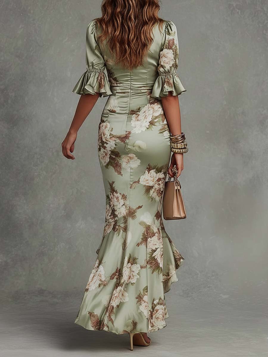 Anna - Vestido Largo Asimétrico de Satén Verde con Escote en V, Mangas Globo y Estampado Floral