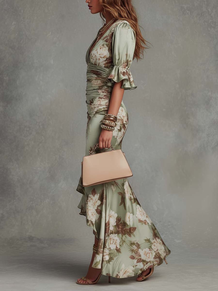 Anna - Vestido Largo Asimétrico de Satén Verde con Escote en V, Mangas Globo y Estampado Floral