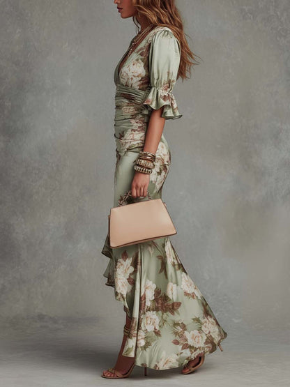 Anna - Vestido Largo Asimétrico de Satén Verde con Escote en V, Mangas Globo y Estampado Floral