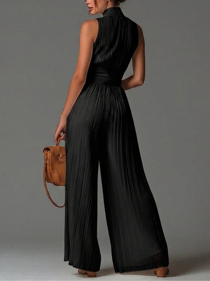 Mono de Chiffon Negro Plisado Sin Mangas con Escote en V y Cremallera