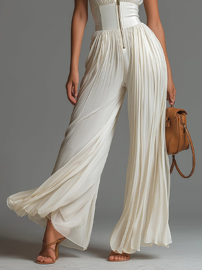 Mono de Chiffon Blanco Plisado Sin Mangas con Escote en V y Cremallera