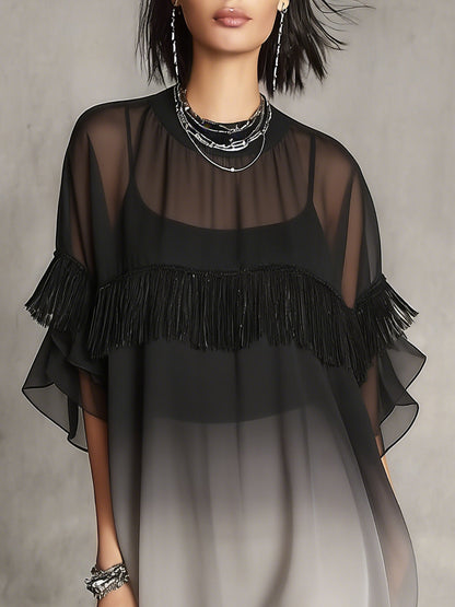 Mini Vestido Flotante Negro Degradado con Detalle de Flecos
