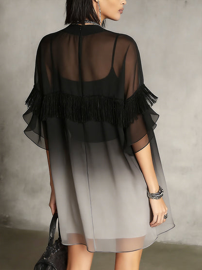 Mini Vestido Flotante Negro Degradado con Detalle de Flecos