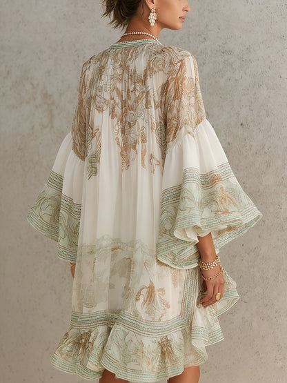 Mini Vestido de Chiffon Verde Estampado con Dobladillo y Mangas de Volantes