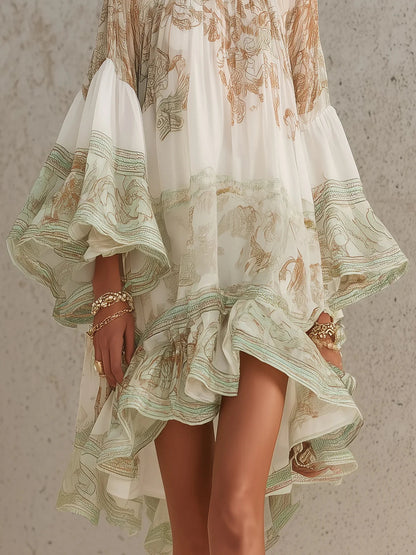Mini Vestido de Chiffon Verde Estampado con Dobladillo y Mangas de Volantes