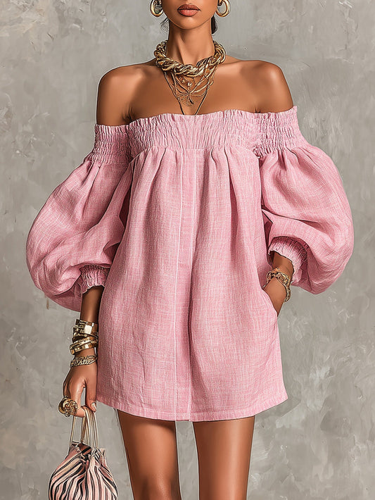Mini Vestido Rosa Holgado con Hombros Descubiertos y Mangas Linterna