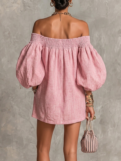 Mini Vestido Rosa Holgado con Hombros Descubiertos y Mangas Linterna