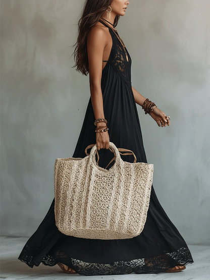 Maxi Vestido Boho Negro Sin Mangas con Encaje