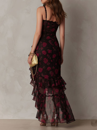 Vestido Chic Negro y Rojo Floral Fruncido con Dobladillo de Volantes