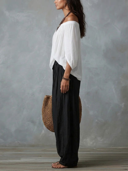 Conjunto de Top Blanco Hombros Descubiertos y Pantalón Linterna Holgado