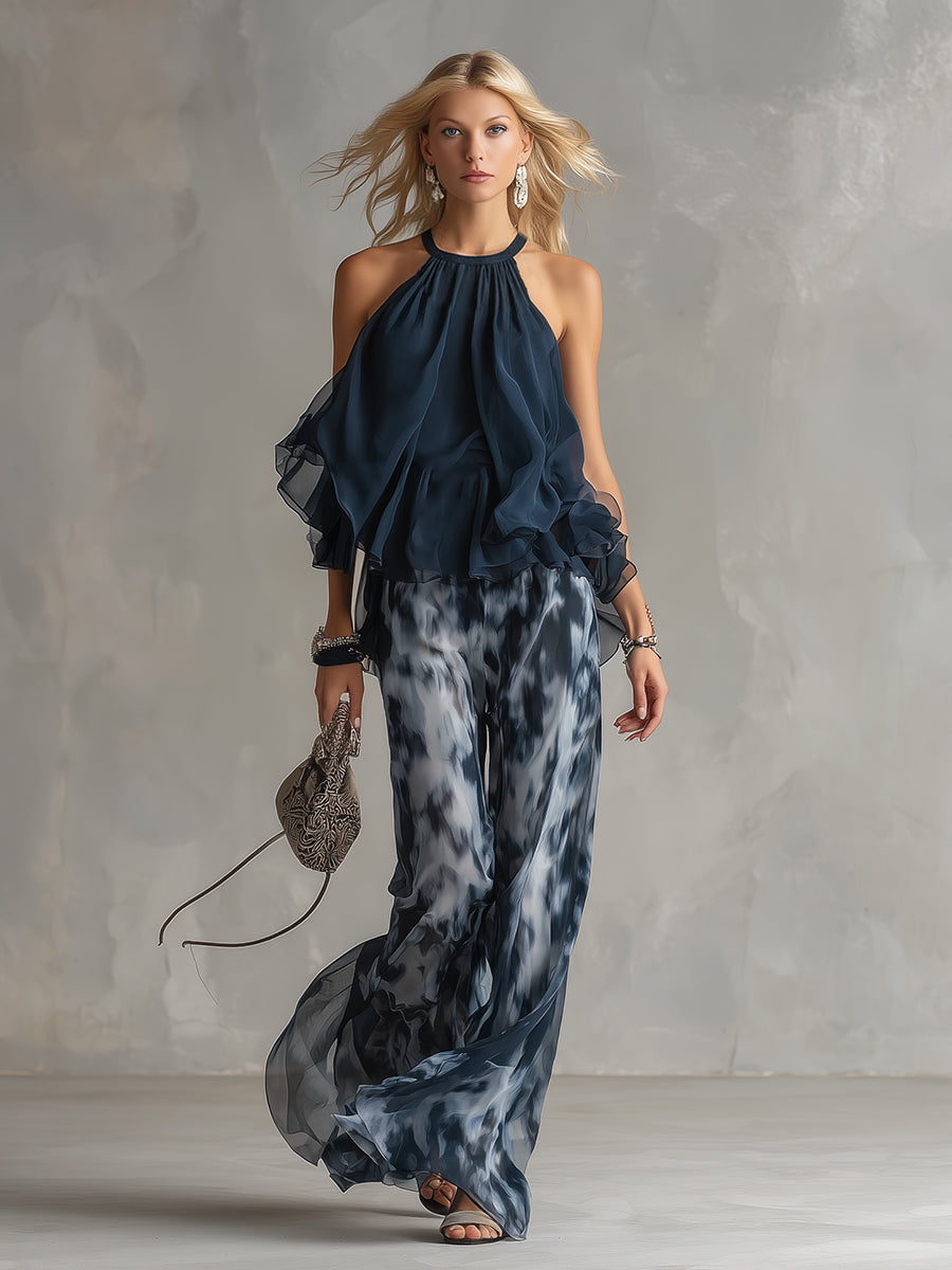 Ludovica | Conjunto Elegante con Top Halter Marino y Pantalón Ancho Estampado