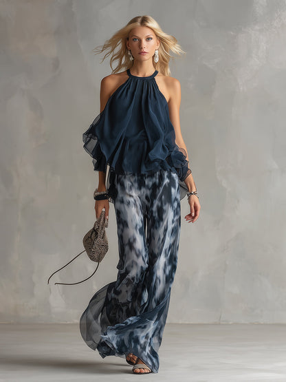 Ludovica | Conjunto Elegante con Top Halter Marino y Pantalón Ancho Estampado
