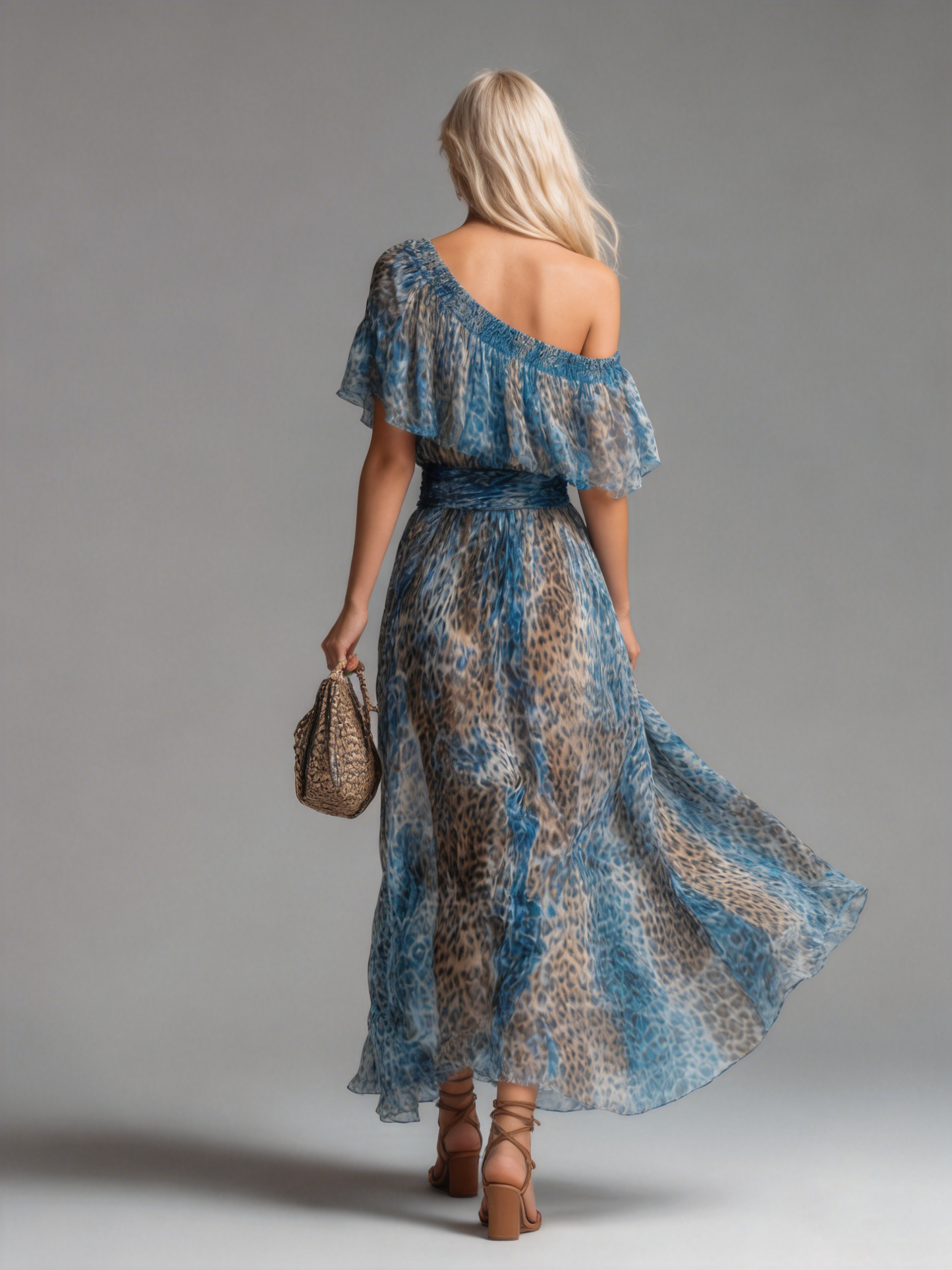 Wild - Vestido Largo de Chiffon con Estampado de Leopardo y Hombros Descubiertos