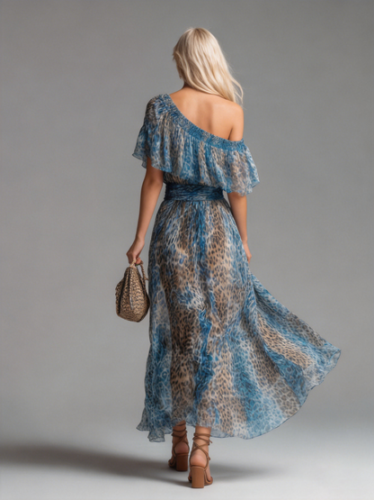 Wild - Vestido Largo de Chiffon con Estampado de Leopardo y Hombros Descubiertos