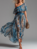 Wild - Vestido Largo de Chiffon con Estampado de Leopardo y Hombros Descubiertos