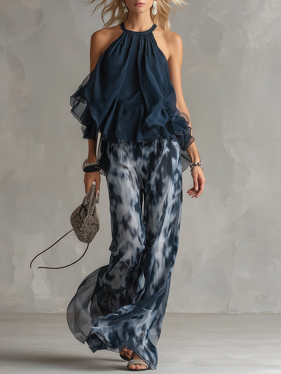 Ludovica | Conjunto Elegante con Top Halter Marino y Pantalón Ancho Estampado